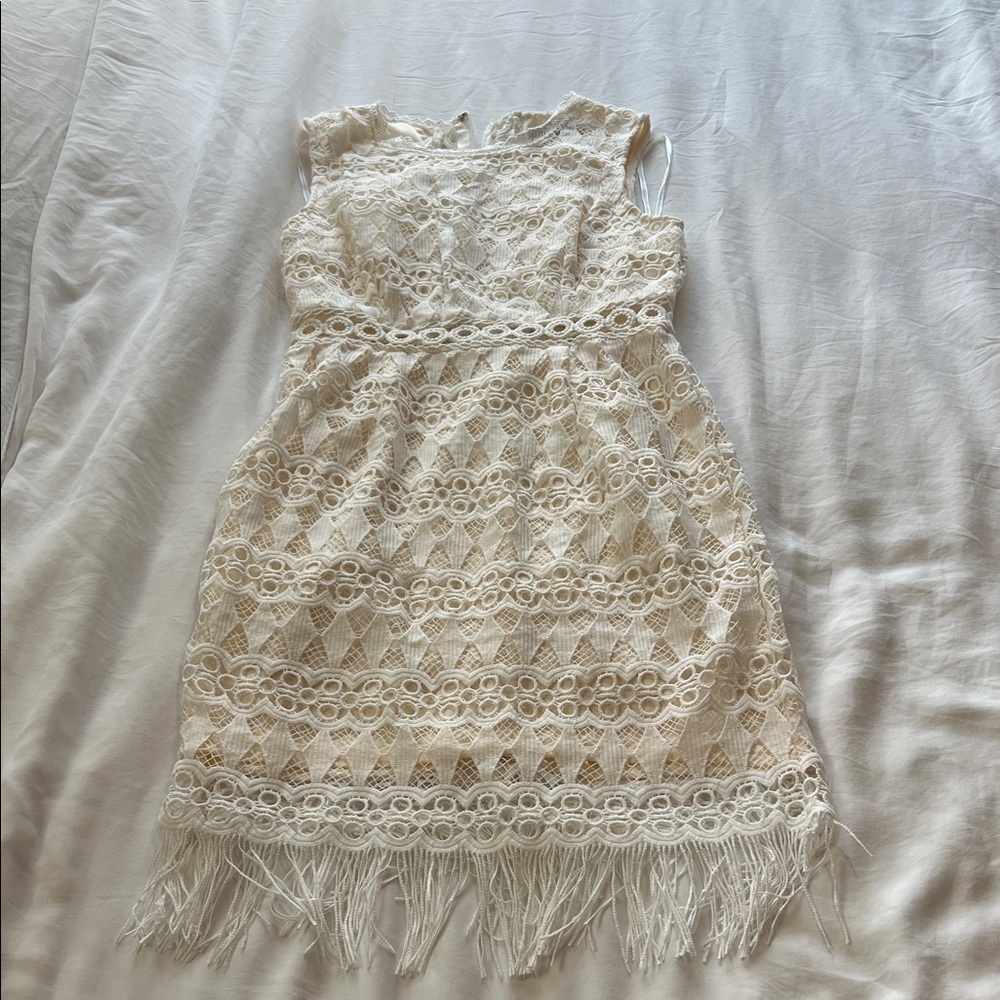 Lulus white lace dress with fringe accent and midriff cutout